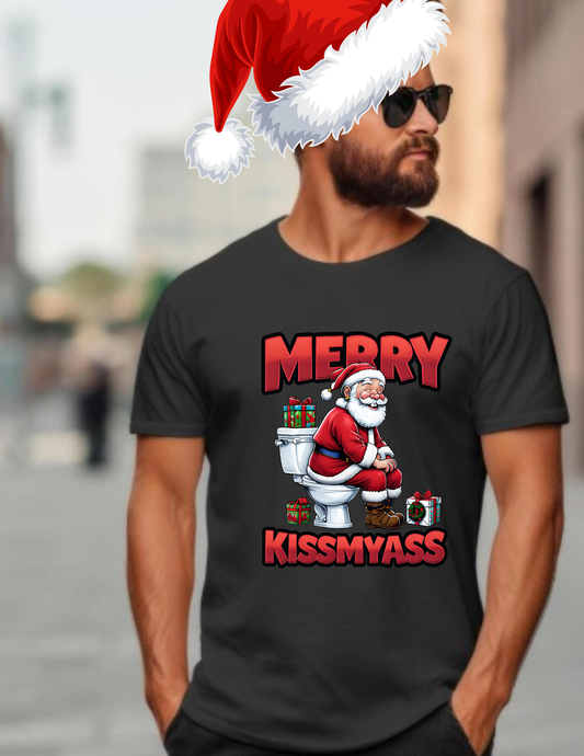 Funny Christmas T-Shirt — “Merry Kissmyass” Santa Toilet Gag Tee