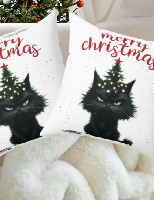 Merry Christmas - Mad Black Cat Holiday Throw Pillow