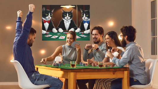 Patriotic Cats Blackjack Night Canvas Print — Tuxedo Cats with Red, White & Blue Bowties