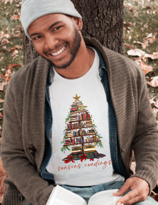 Christmas Book Tree T-Shirt – 'Season’s Readings' Holiday Literary Tee