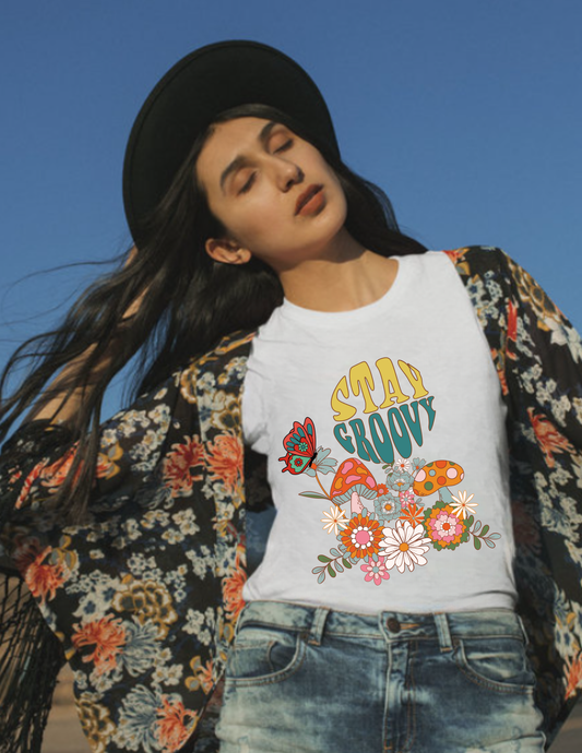 Stay Groovy Floral T-Shirt — 70s Retro Mushroom & Flower Graphic Tee