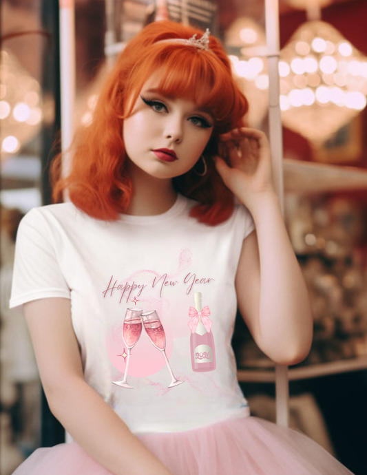 New Year Pink Champagne T-Shirt — "Happy New Year" Celebration Tee
