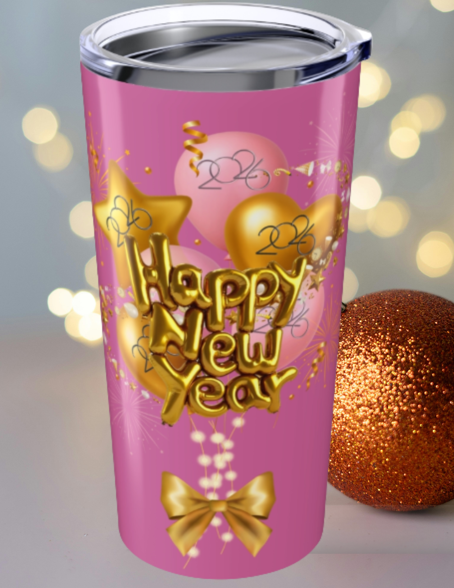 Happy New Year 20oz Pink Star & Hearts Tumbler — Sparkling Gold Travel Cup
