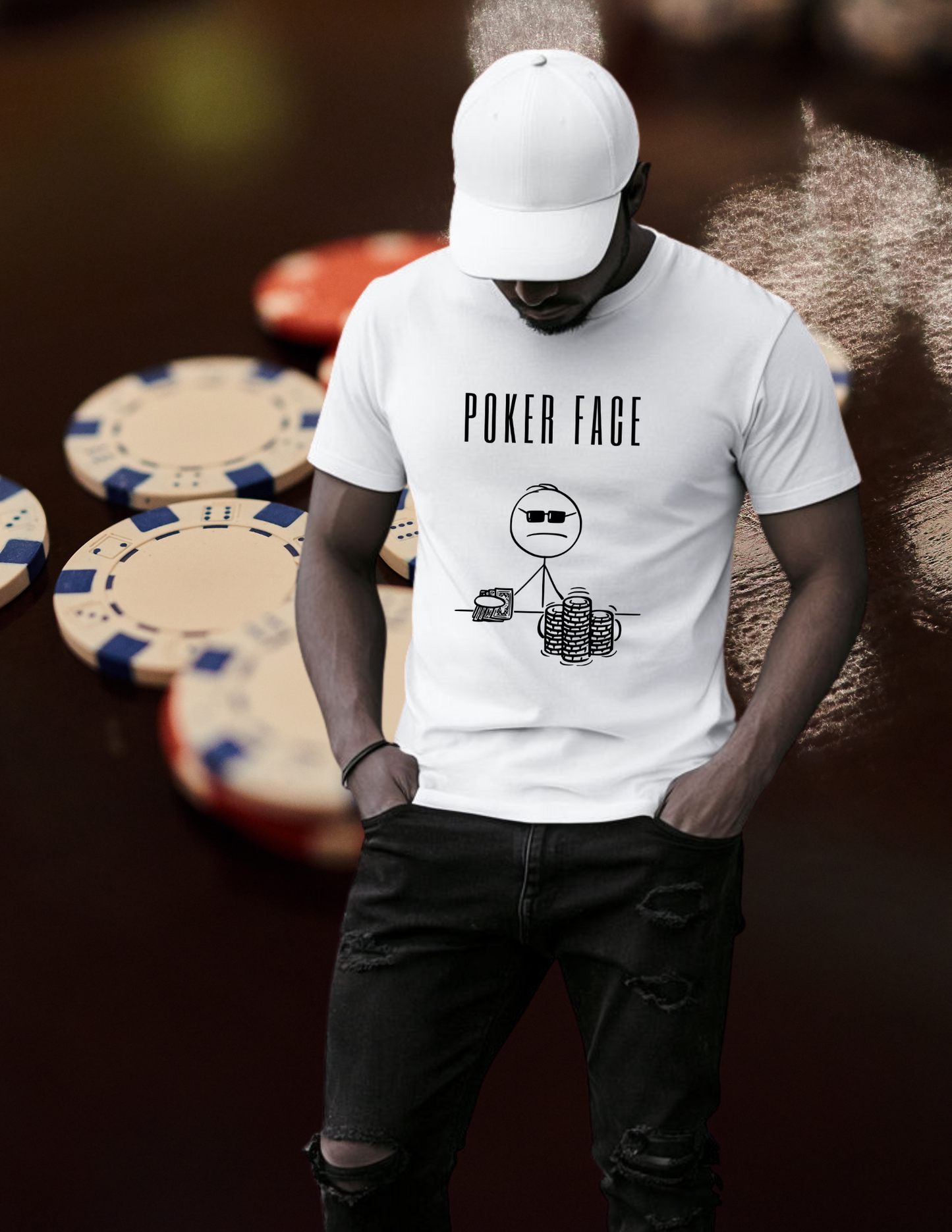Poker Face T-Shirt — Funny Poker Meme Tee with Stick Figure and Chips