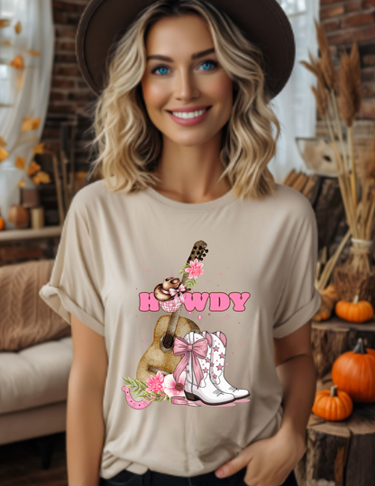 Howdy Cowboy Guitar Adult T‑Shirt — Pink Floral Cowgirl Boots & Guitar Tee
