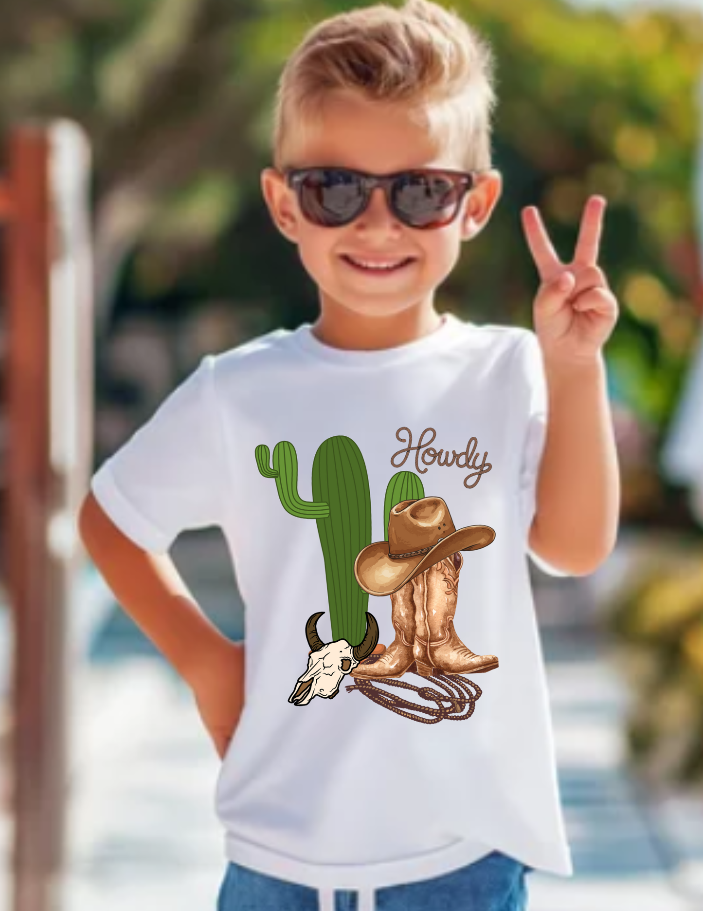 Howdy Cowboy Toddler Tee — Western Cactus, Boots & Skull Kids Shirt