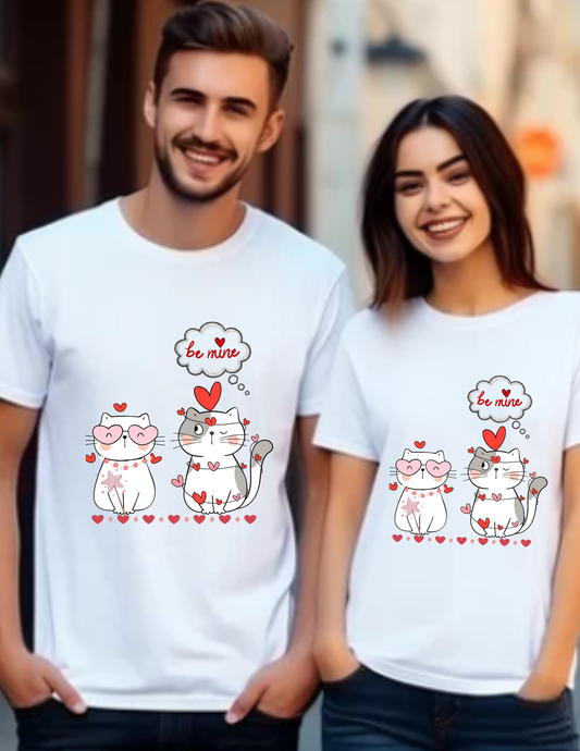 Valentine Cat Couple T-Shirt — "Be Mine" Cute Heart Kittens Tee