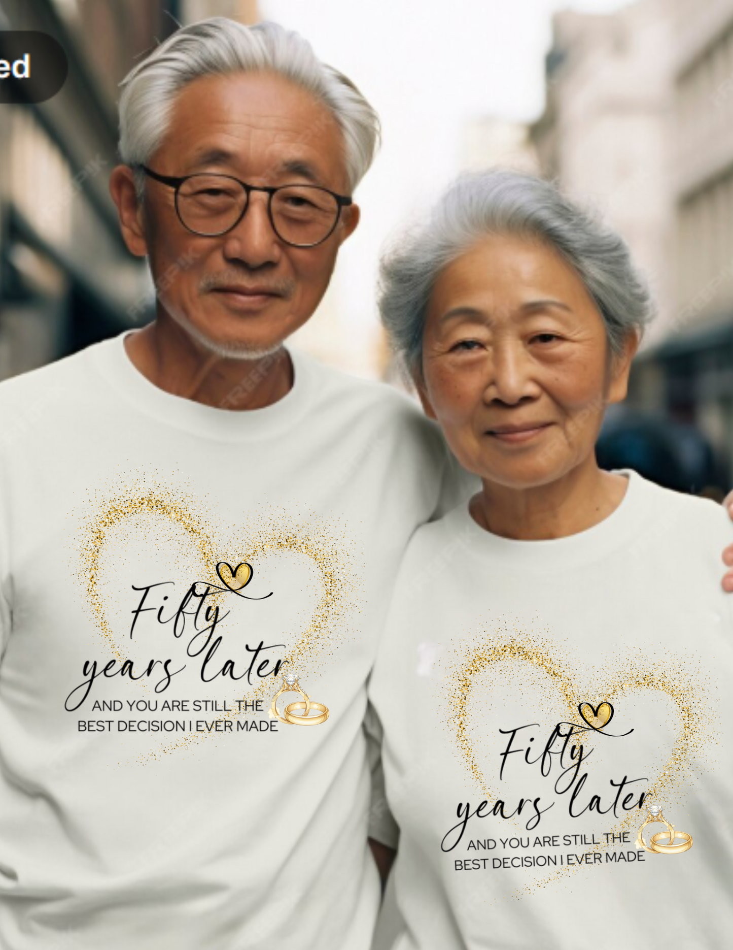 50th Anniversary T-Shirt – "Fifty Years Later" Gold Heart & Rings Celebration Tee
