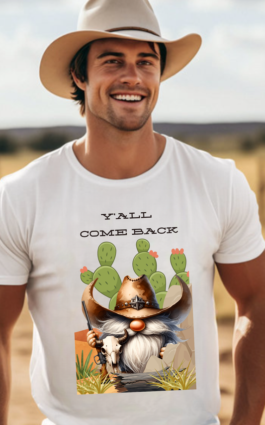 Cowboy Gnome T‑Shirt – "Y'all Come Back" Western Cactus Graphic Tee
