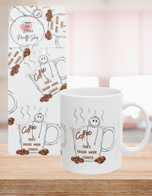 Coffee Mug – "Coffee Makes Brain Work Gooder" Cute Hand-Drawn Ceramic Coffee Cup