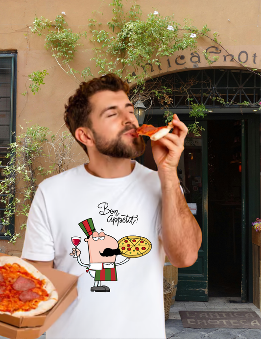 Pizza Chef T-Shirt – "Bon Appetit" Cartoon Italian Pizza & Wine Tee