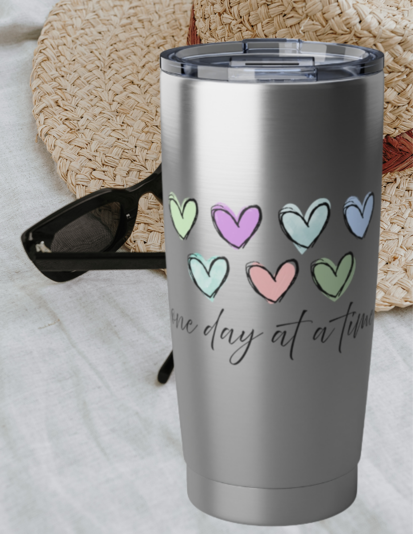 Pastel Hearts "One Day at a Time" Insulated 20-oz Travel Tumbler