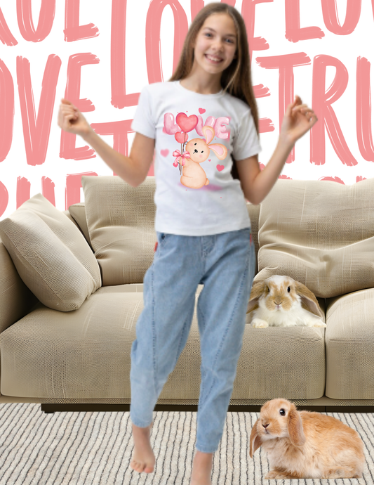 Kids Love Bunny T‑Shirt – Cute Pink Heart Balloons Youth Tee