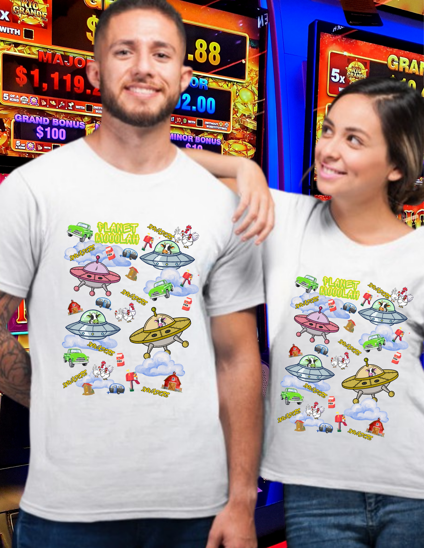 Planet Mooolah Game T-Shirt — Cute Colorful Spaceship Casino Graphic Tee
