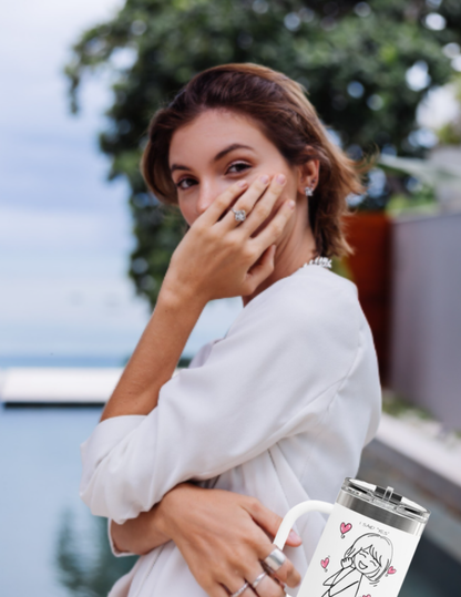 Cute Girl Illustration with Pink Hearts -“I Said Yes”  40-oz Insulated Travel Mug