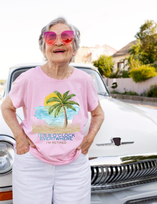 Retirement T-Shirt — "It's 5 O'Clock Everywhere" Tropical Vacation Tee