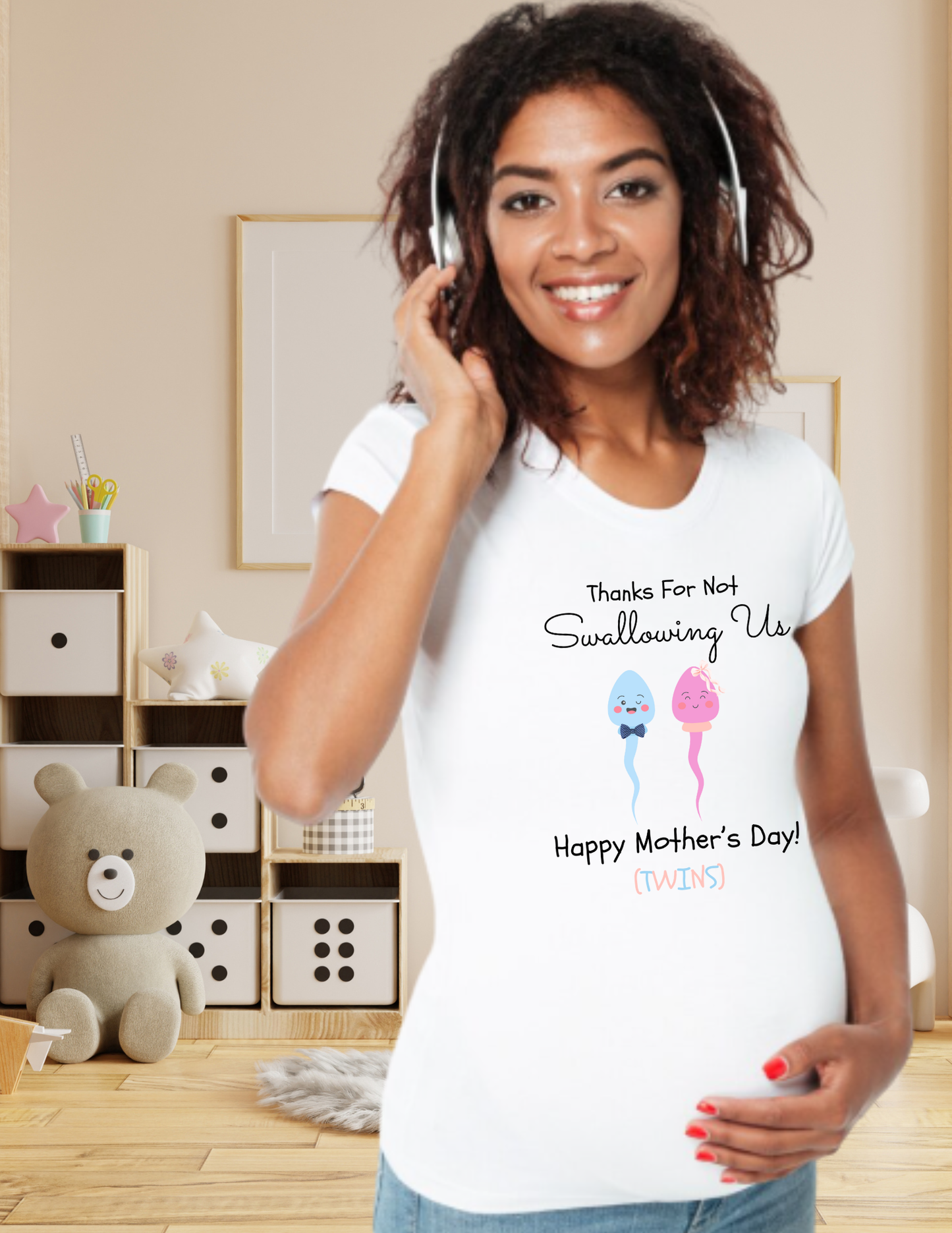 Mother’s Day Twins T-Shirt — “Thanks For Not Swallowing Us” Cute Sperm Cartoon Tee