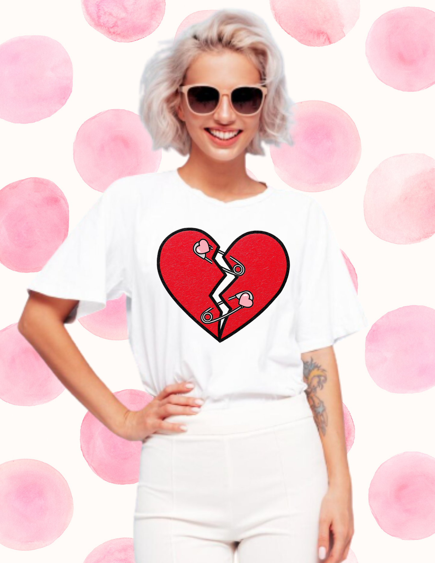 Mended Broken Heart T-Shirt —  Cracked Heart with Safety Pins Graphic