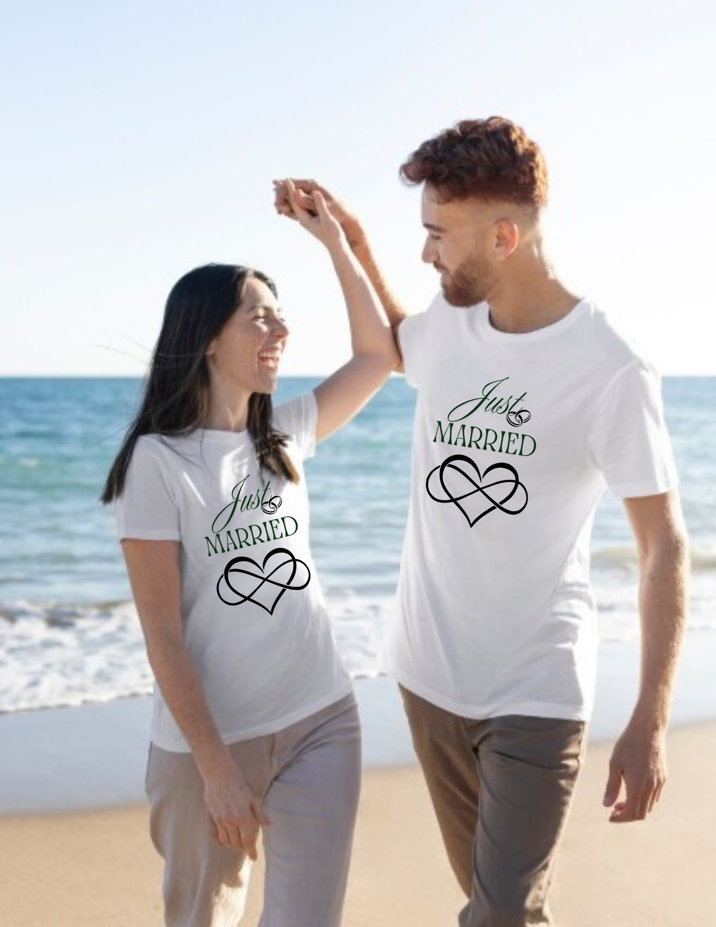Just Married T-Shirt — Elegant Script Wedding Tee with Interlocking Heart and Infinity Sign