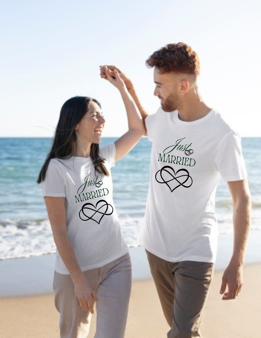 Just Married T-Shirt — Elegant Script Wedding Tee with Interlocking Heart and Infinity Sign