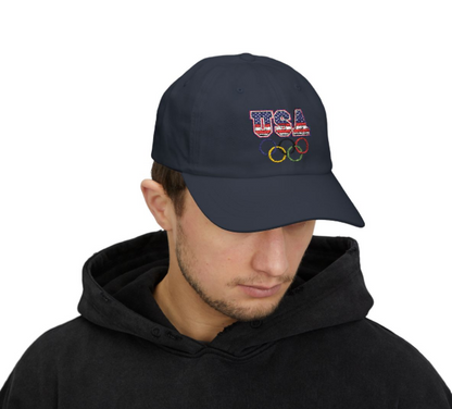 Team USA, and Olympic Rings Embroidered  Dad Cap — Patriotic Sports Baseball Hat