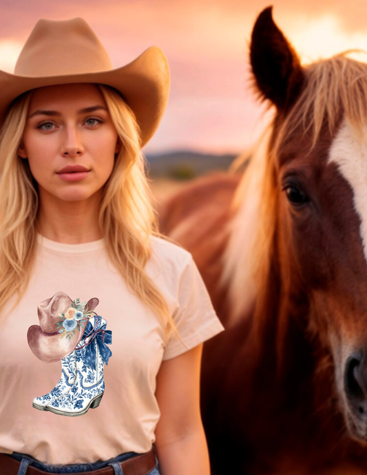 Cowgirl Boots & Hat T-Shirt — Blue Floral Western Graphic Tee