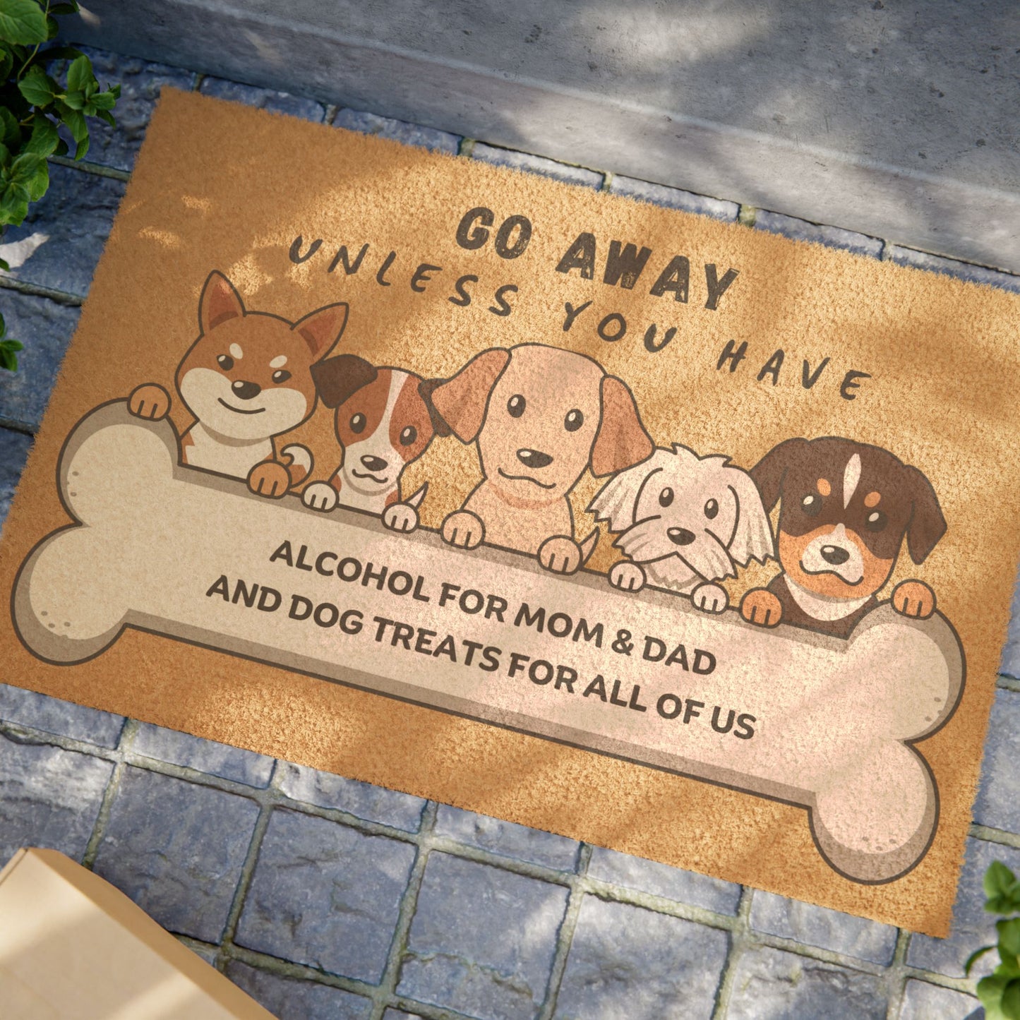 Doormat — "Go Away Unless You Have Alcohol for Mom & Dad and Dog Treats" Funny Welcome Mat