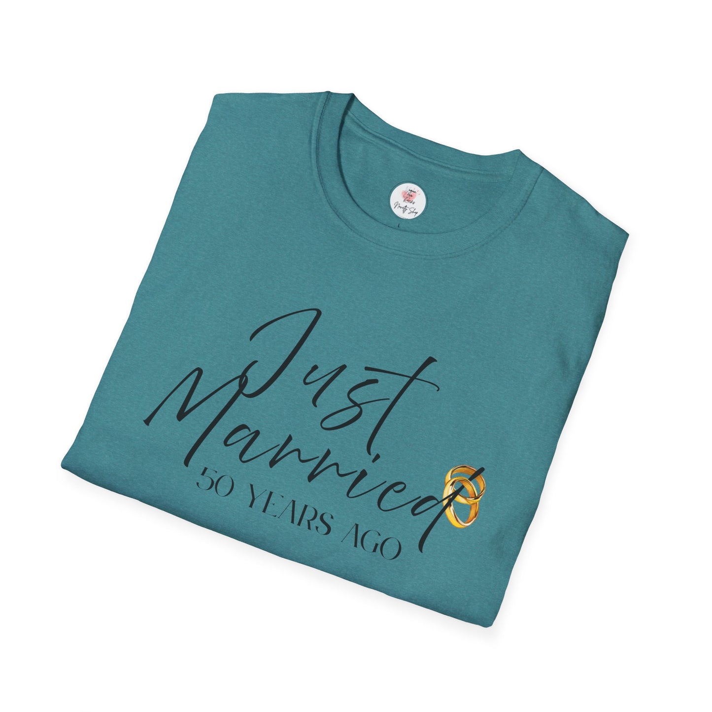 50th Anniversary T-Shirt — ‘Just Married (50 Years Ago)’ Anniversary Celebration Tee  https://www.veganlove.rocks/