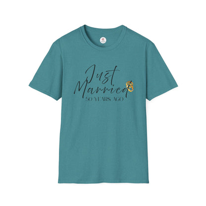 50th Anniversary T-Shirt — ‘Just Married (50 Years Ago)’ Anniversary Celebration Tee  https://www.veganlove.rocks/