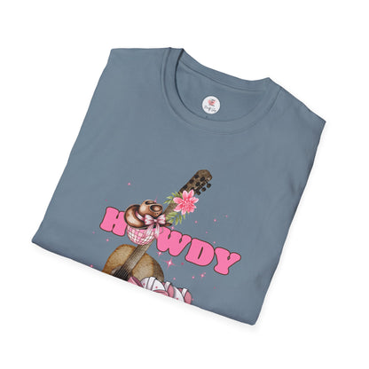 Howdy Cowboy Guitar Adult T‑Shirt — Pink Floral Cowgirl Boots & Guitar Tee