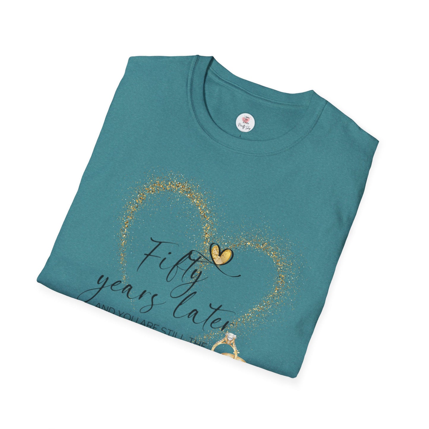 50th Anniversary T-Shirt – "Fifty Years Later" Gold Heart & Rings Celebration Tee