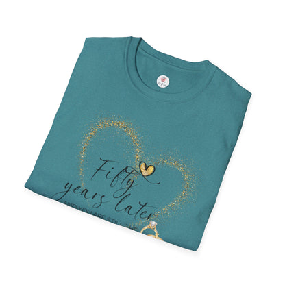 50th Anniversary T-Shirt – "Fifty Years Later" Gold Heart & Rings Celebration Tee