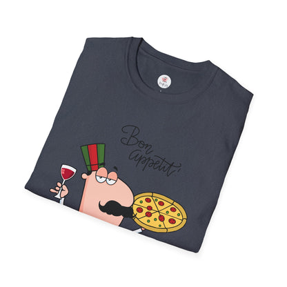 Pizza Chef T-Shirt – "Bon Appetit" Cartoon Italian Pizza & Wine Tee