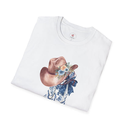 Cowgirl Boots & Hat T-Shirt — Blue Floral Western Graphic Tee