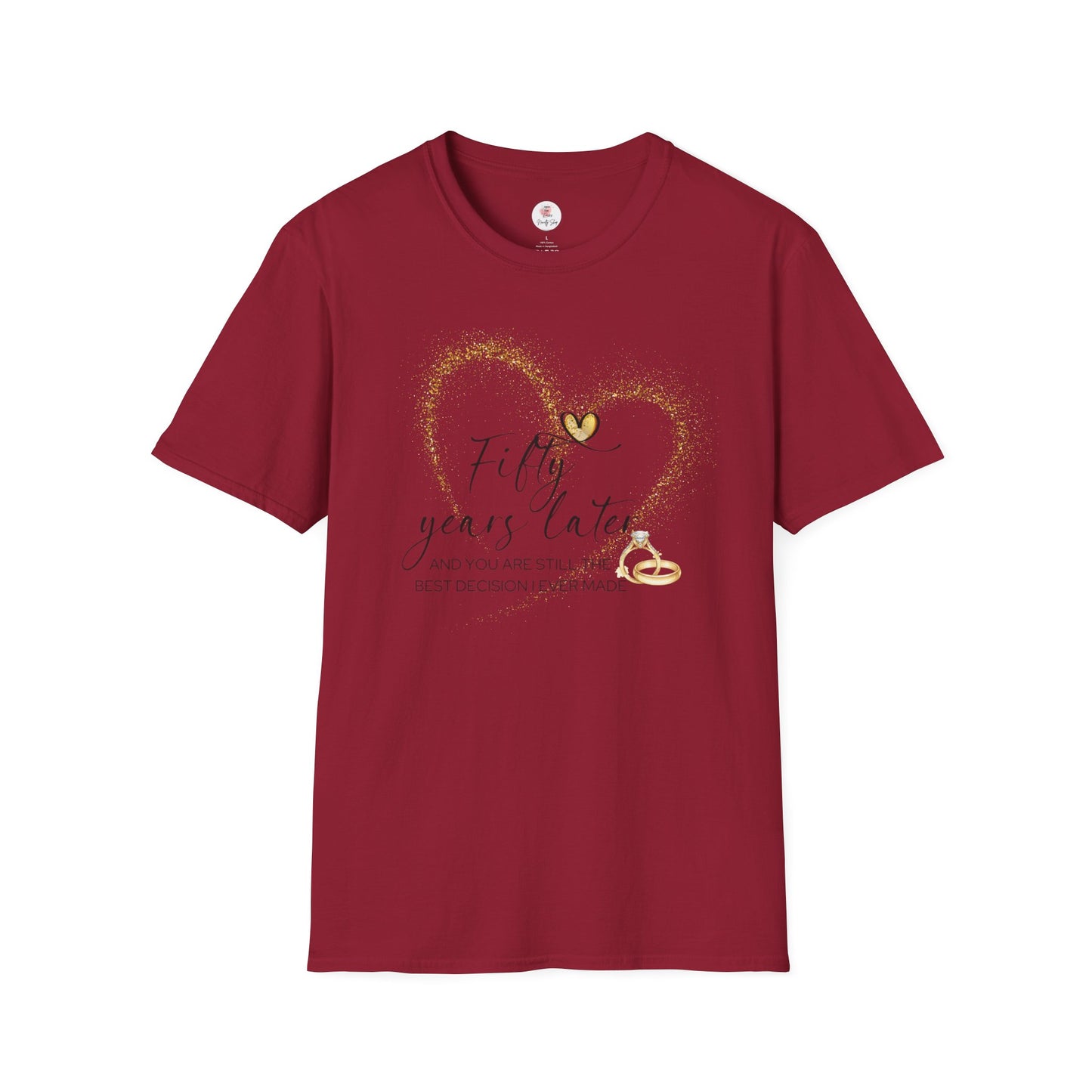 50th Anniversary T-Shirt – "Fifty Years Later" Gold Heart & Rings Celebration Tee