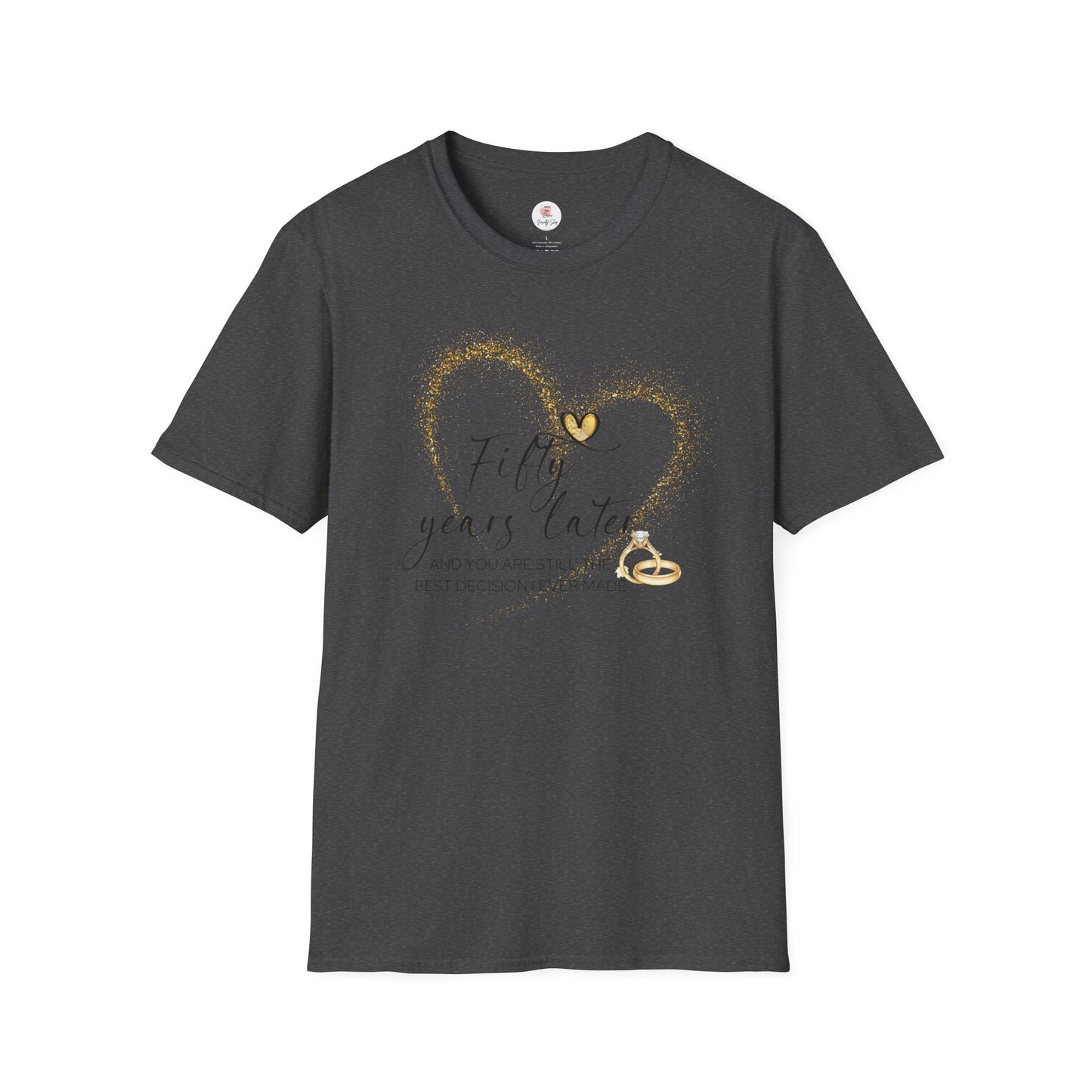 50th Anniversary T-Shirt – "Fifty Years Later" Gold Heart & Rings Celebration Tee