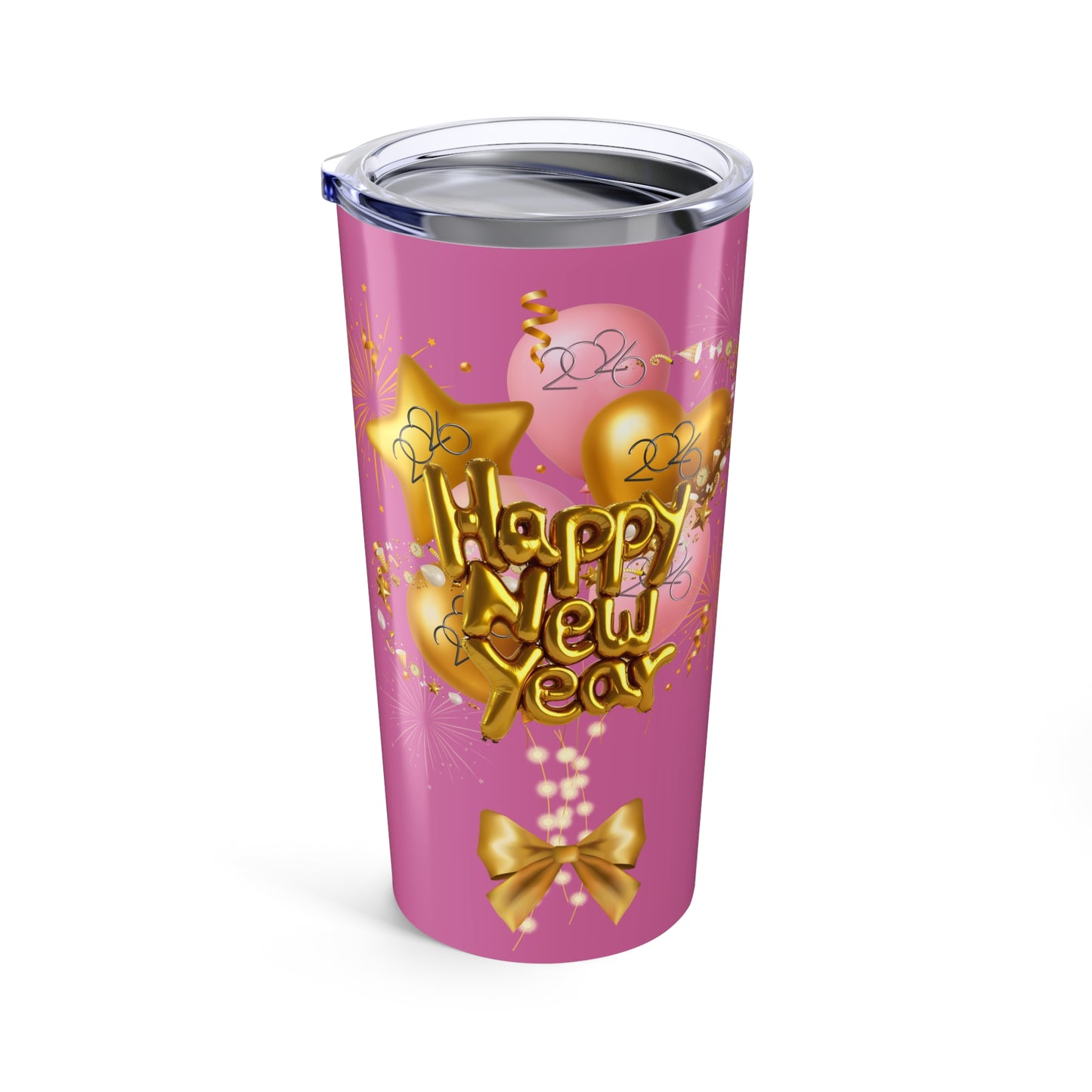 Happy New Year 20oz Pink Star & Hearts Tumbler — Sparkling Gold Travel Cup
