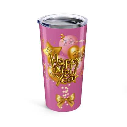 Happy New Year 20oz Pink Star & Hearts Tumbler — Sparkling Gold Travel Cup