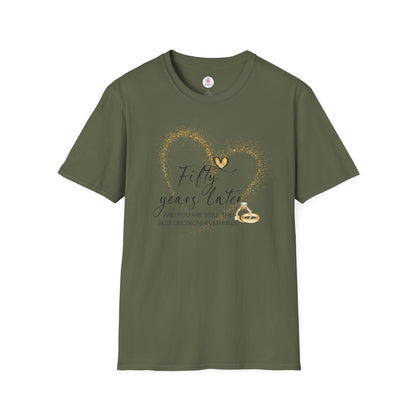 50th Anniversary T-Shirt – "Fifty Years Later" Gold Heart & Rings Celebration Tee