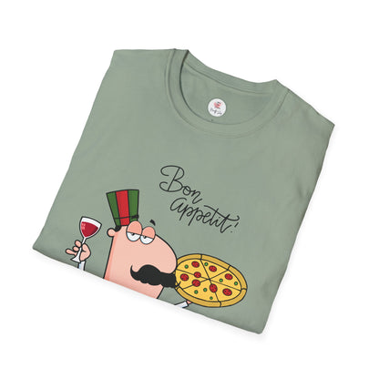 Pizza Chef T-Shirt – "Bon Appetit" Cartoon Italian Pizza & Wine Tee