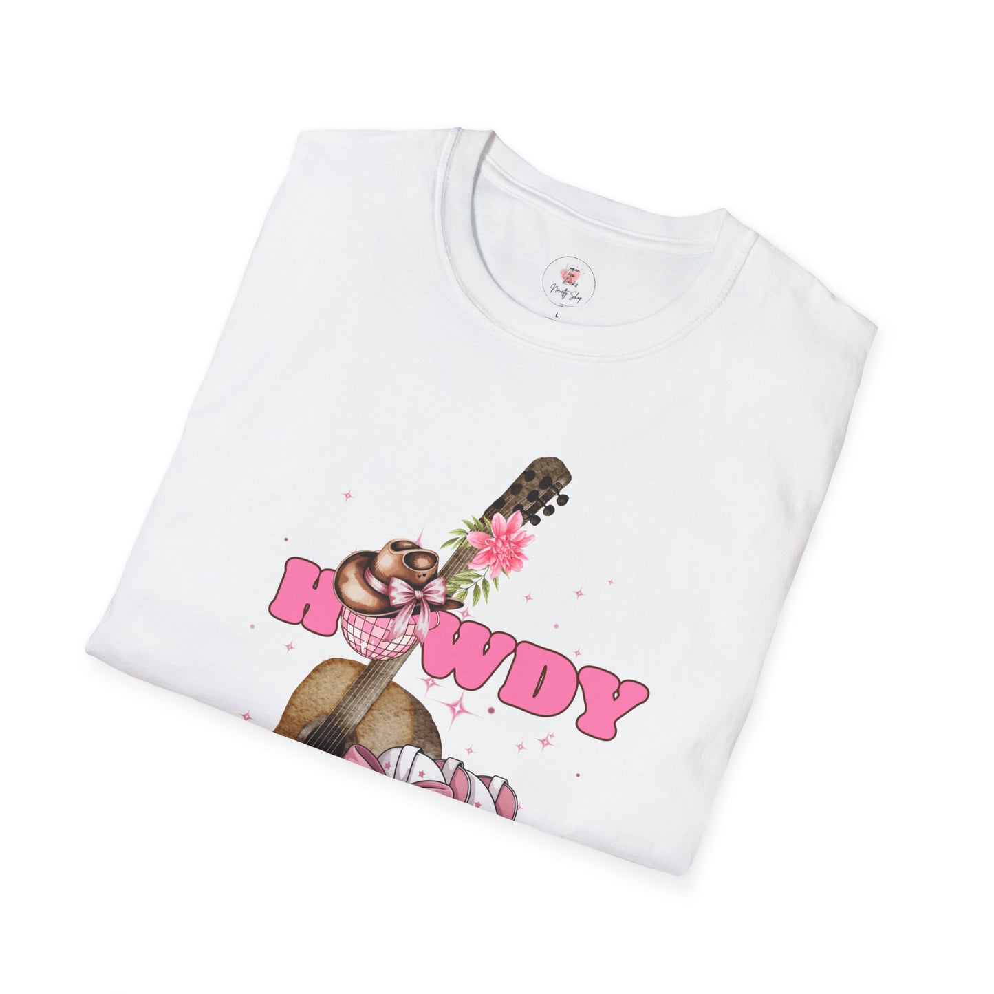 Howdy Cowboy Guitar Adult T‑Shirt — Pink Floral Cowgirl Boots & Guitar Tee