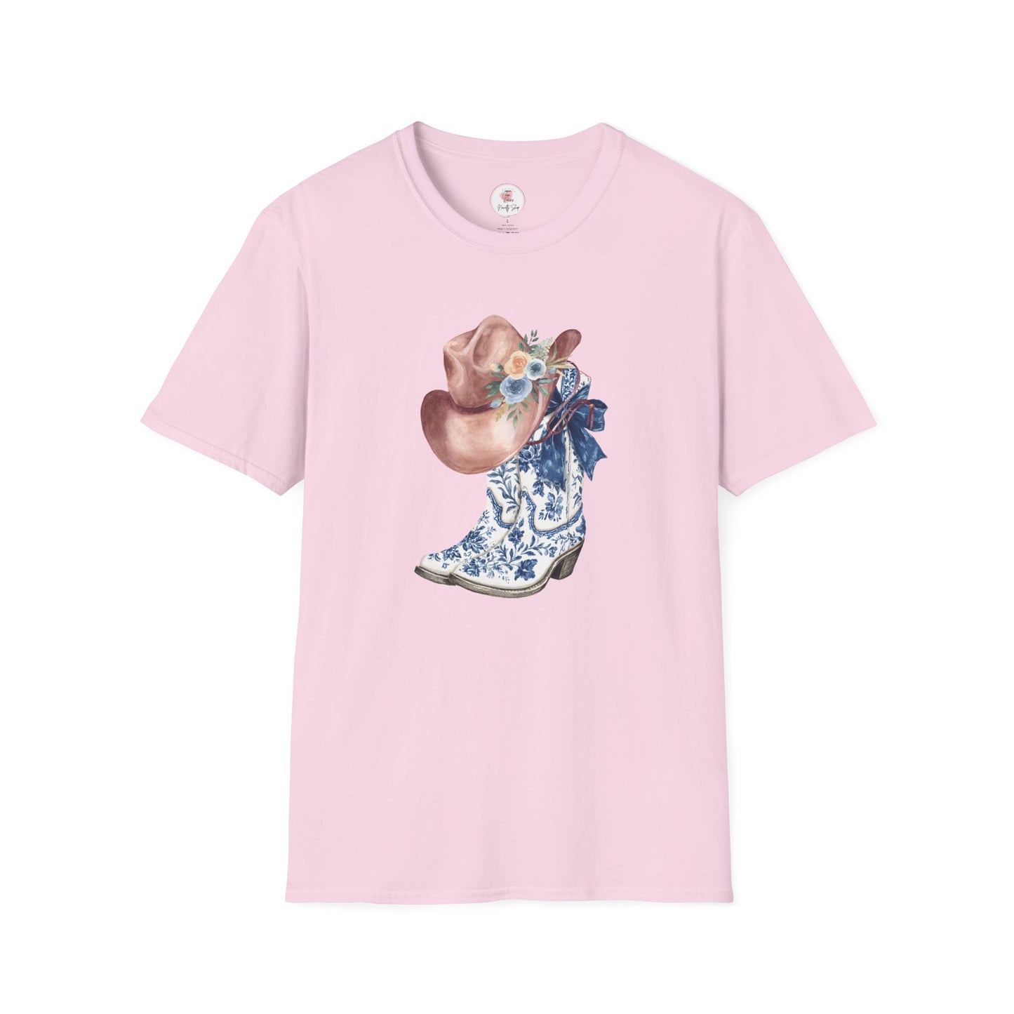 Cowgirl Boots & Hat T-Shirt — Blue Floral Western Graphic Tee