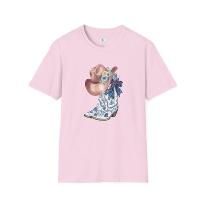 Cowgirl Boots & Hat T-Shirt — Blue Floral Western Graphic Tee