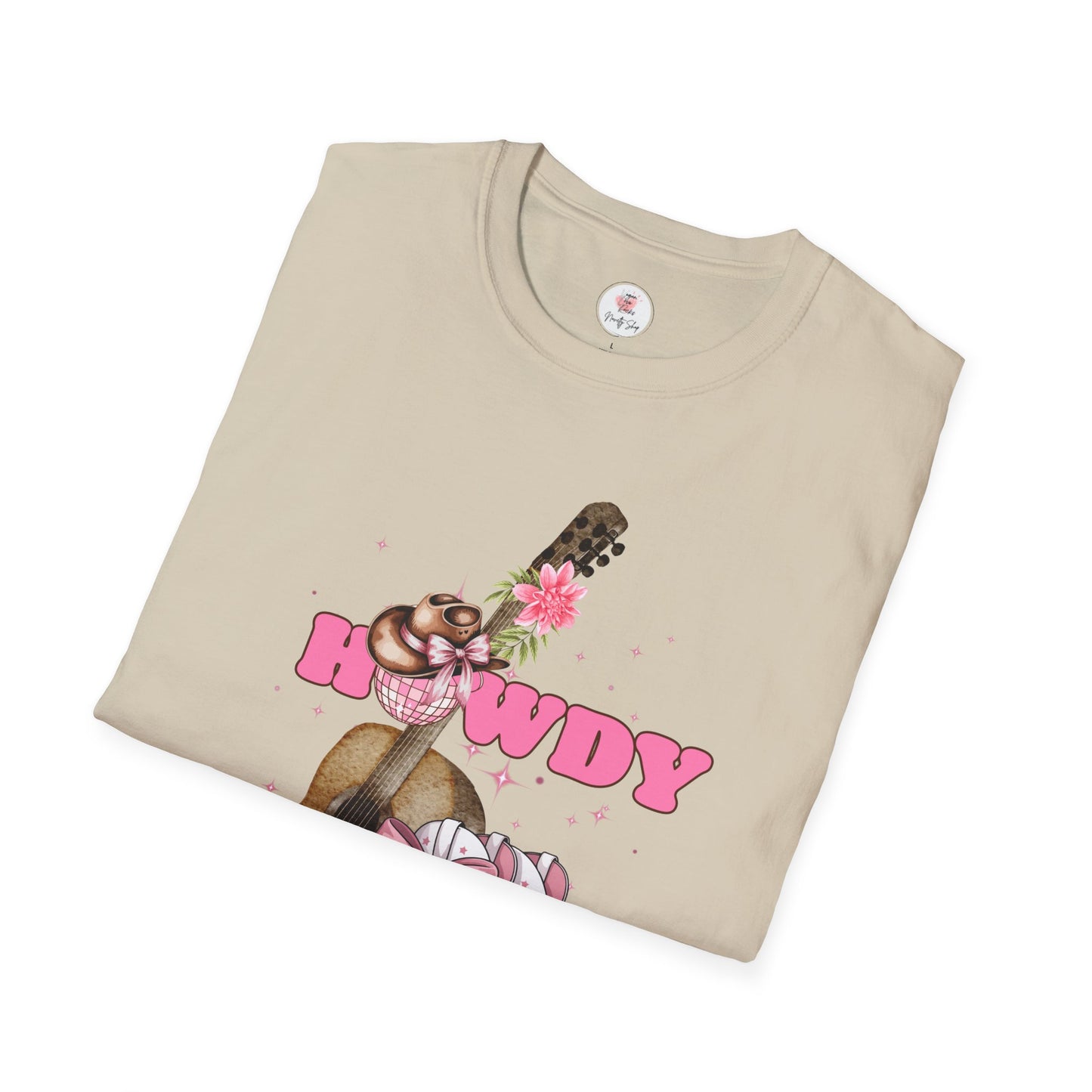 Howdy Cowboy Guitar Adult T‑Shirt — Pink Floral Cowgirl Boots & Guitar Tee