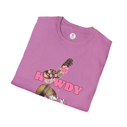 Howdy Cowboy Guitar Adult T‑Shirt — Pink Floral Cowgirl Boots & Guitar Tee