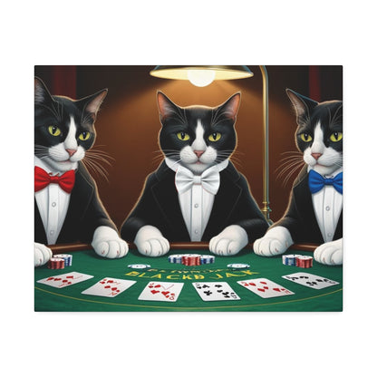 Patriotic Cats Blackjack Night Canvas Print — Tuxedo Cats with Red, White & Blue Bowties