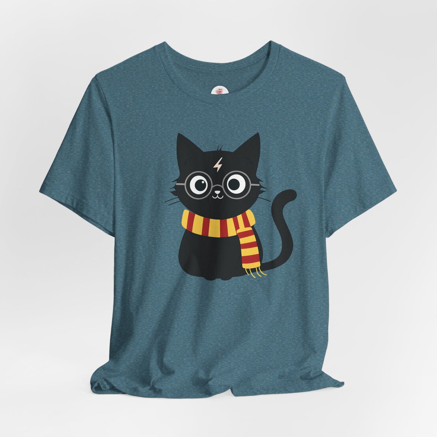 Wizard Cat Graphic Tee – Cute Black Cat with Scarf & Lightning Bolt