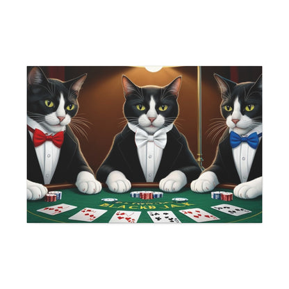Patriotic Cats Blackjack Night Canvas Print — Tuxedo Cats with Red, White & Blue Bowties