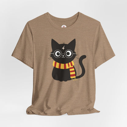 Wizard Cat Graphic Tee – Cute Black Cat with Scarf & Lightning Bolt
