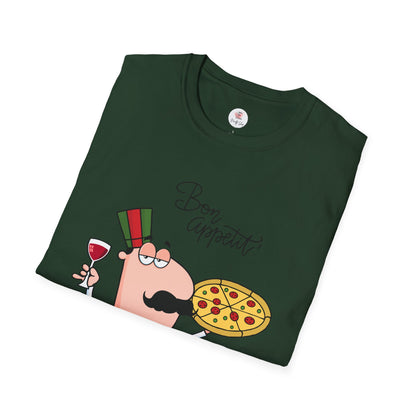 Pizza Chef T-Shirt – "Bon Appetit" Cartoon Italian Pizza & Wine Tee